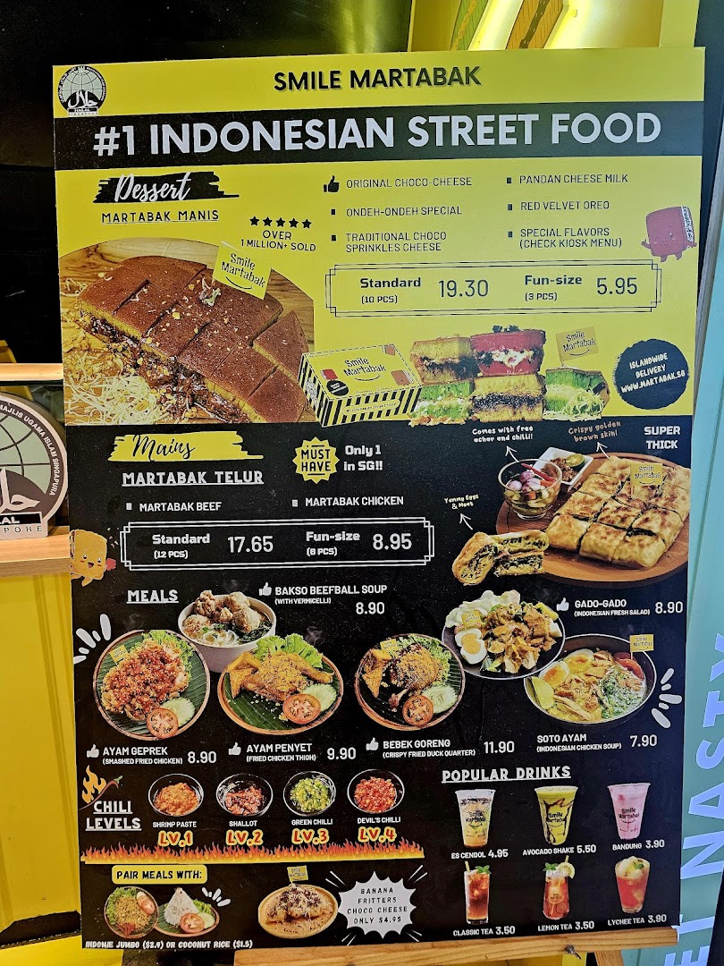A vibrant menu board showcasing Indonesian street food, including martabak, meals, and drinks.