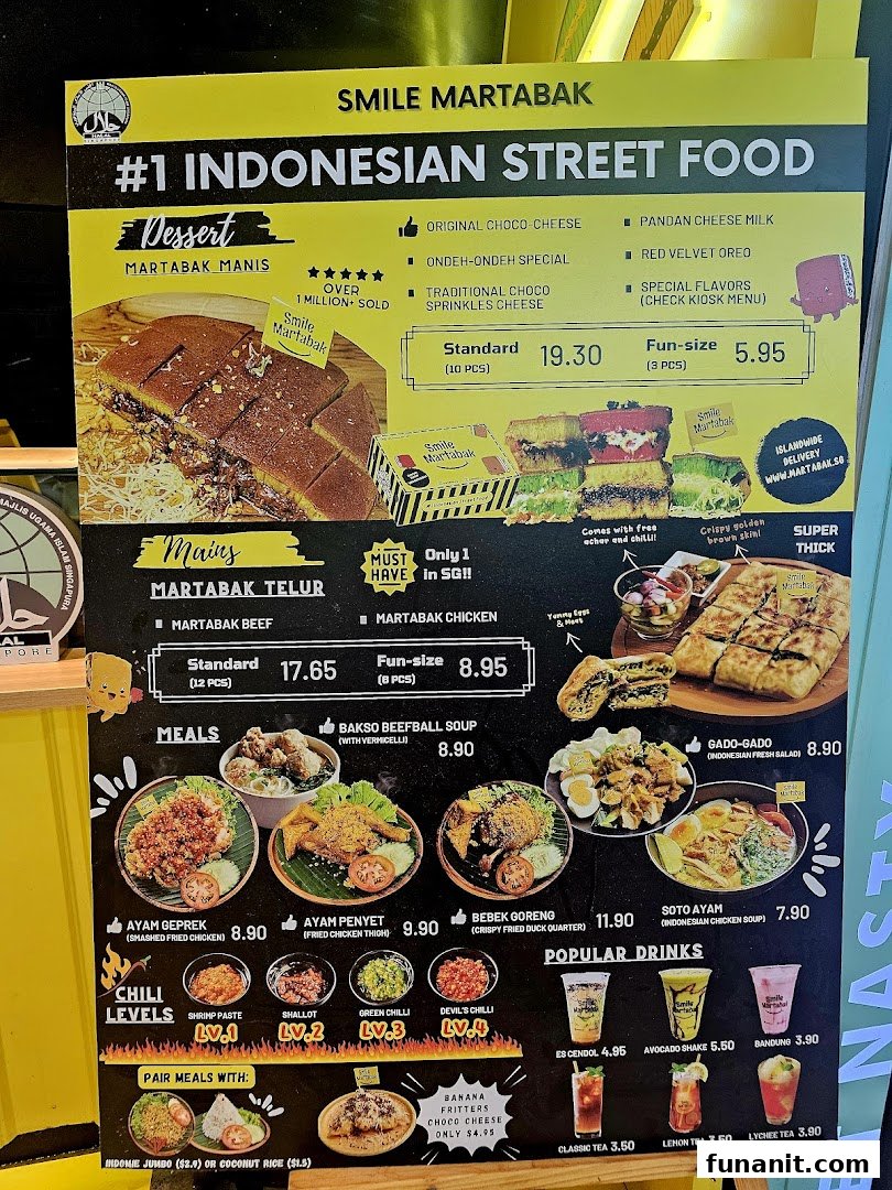 A vibrant menu board showcasing Indonesian street food, including martabak, meals, and drinks.