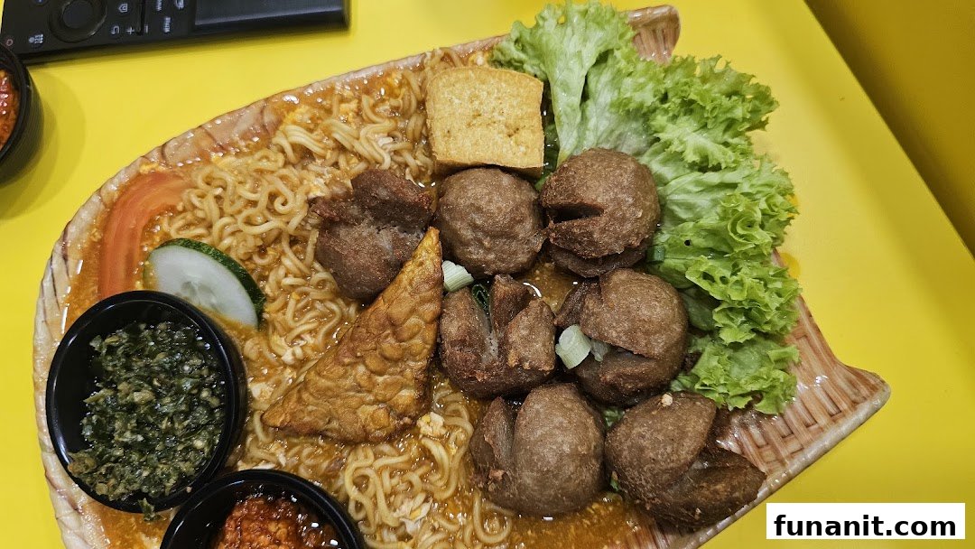 A close-up of a hearty meal featuring noodles, meatballs, tofu, tempeh, and fresh vegetables.