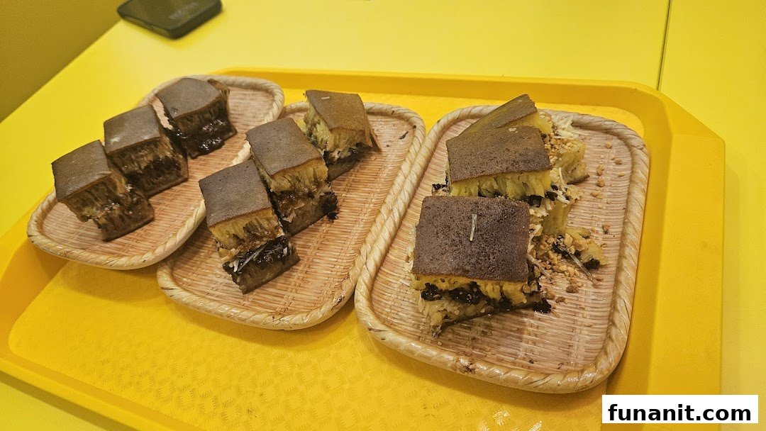 Slices of delicious martabak, a sweet Indonesian pancake, served on woven trays.