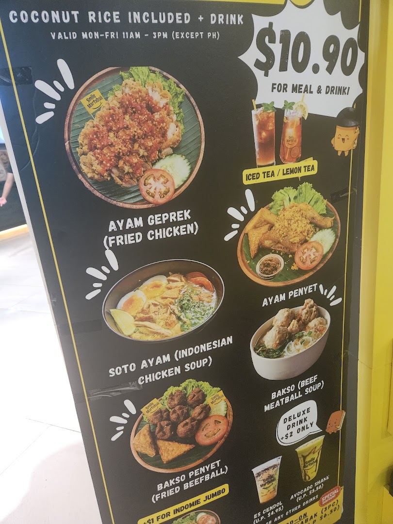 A vibrant menu board showcasing Indonesian dishes like Ayam Geprek, Soto Ayam, and Bakso, with meal deals.