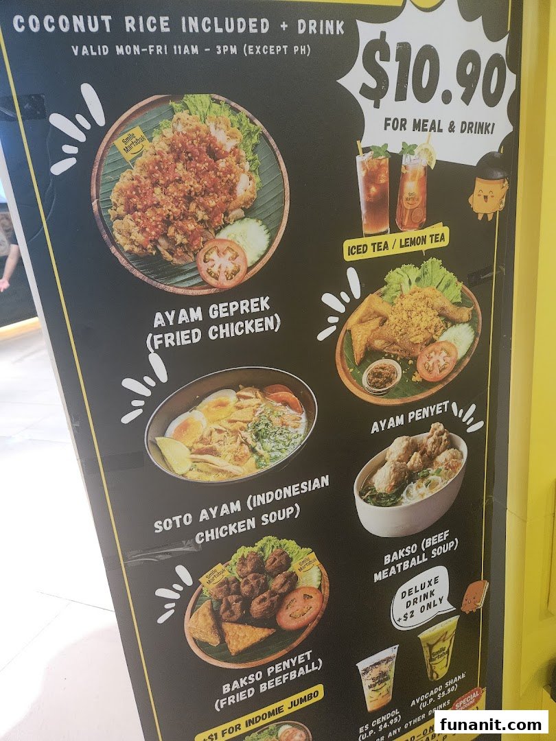 A vibrant menu board showcasing Indonesian dishes like Ayam Geprek, Soto Ayam, and Bakso, with meal deals.