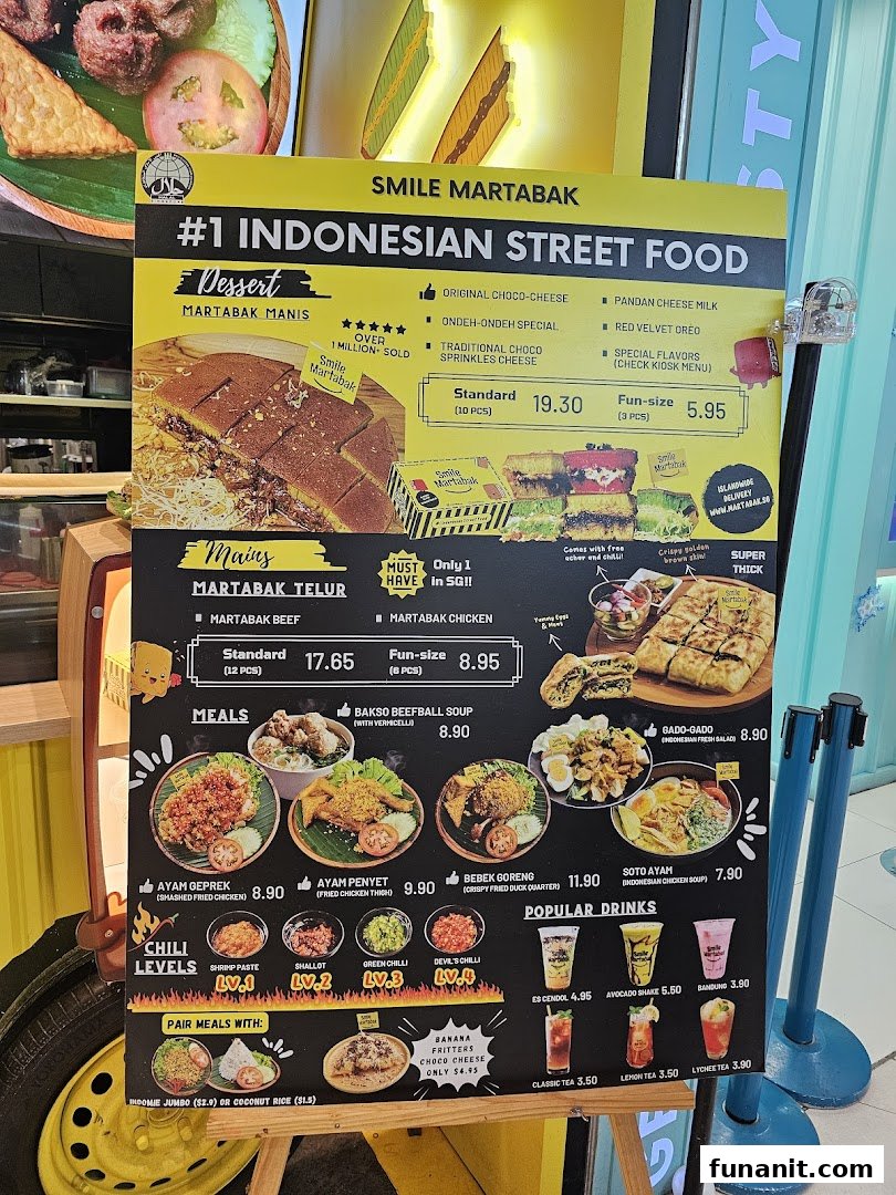 A vibrant menu board for Smile Martabak, showcasing Indonesian street food desserts, savory martabak, and meals.