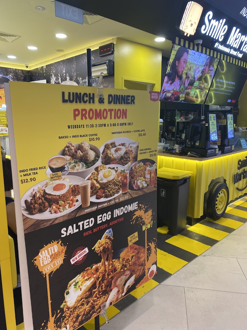 A vibrant promotional menu board for Smile Martabak, showcasing Indonesian street food and special offers.