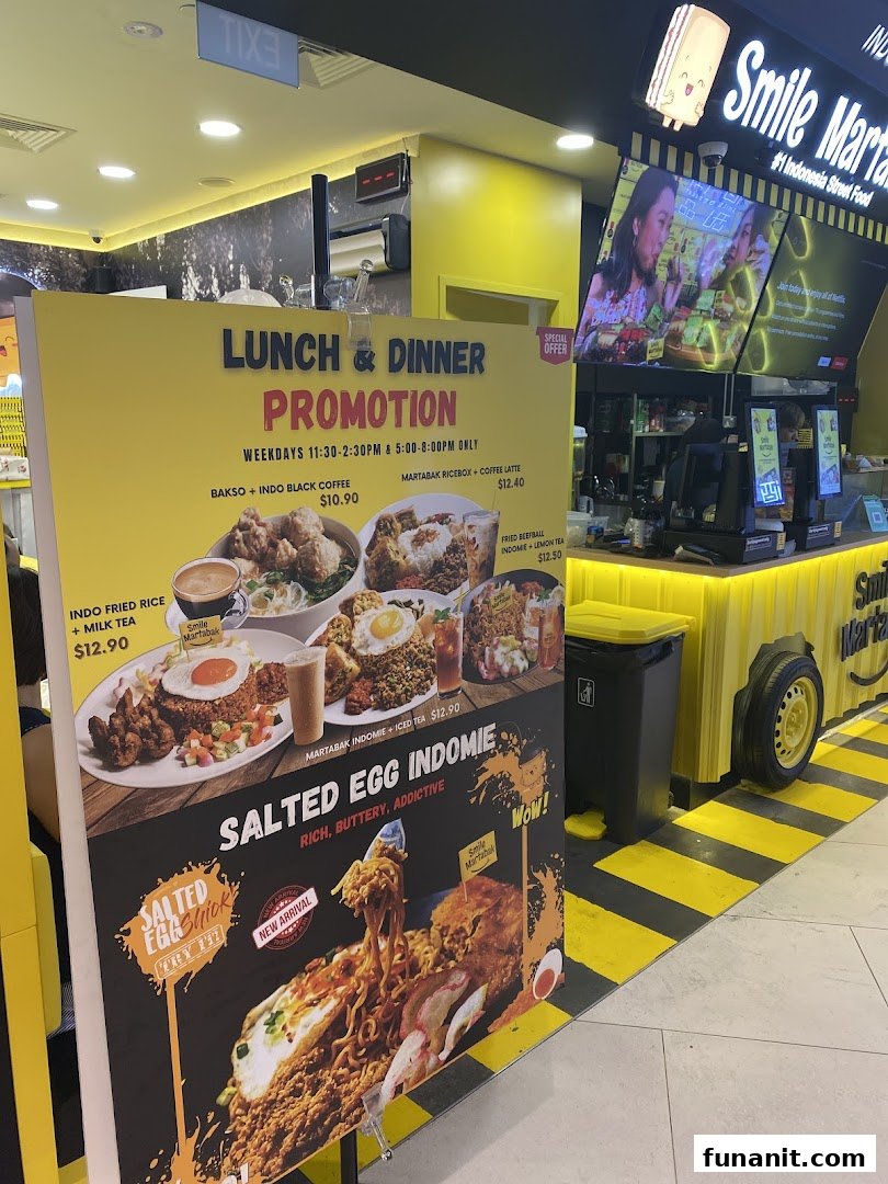 A vibrant promotional menu board for Smile Martabak, showcasing Indonesian street food and special offers.
