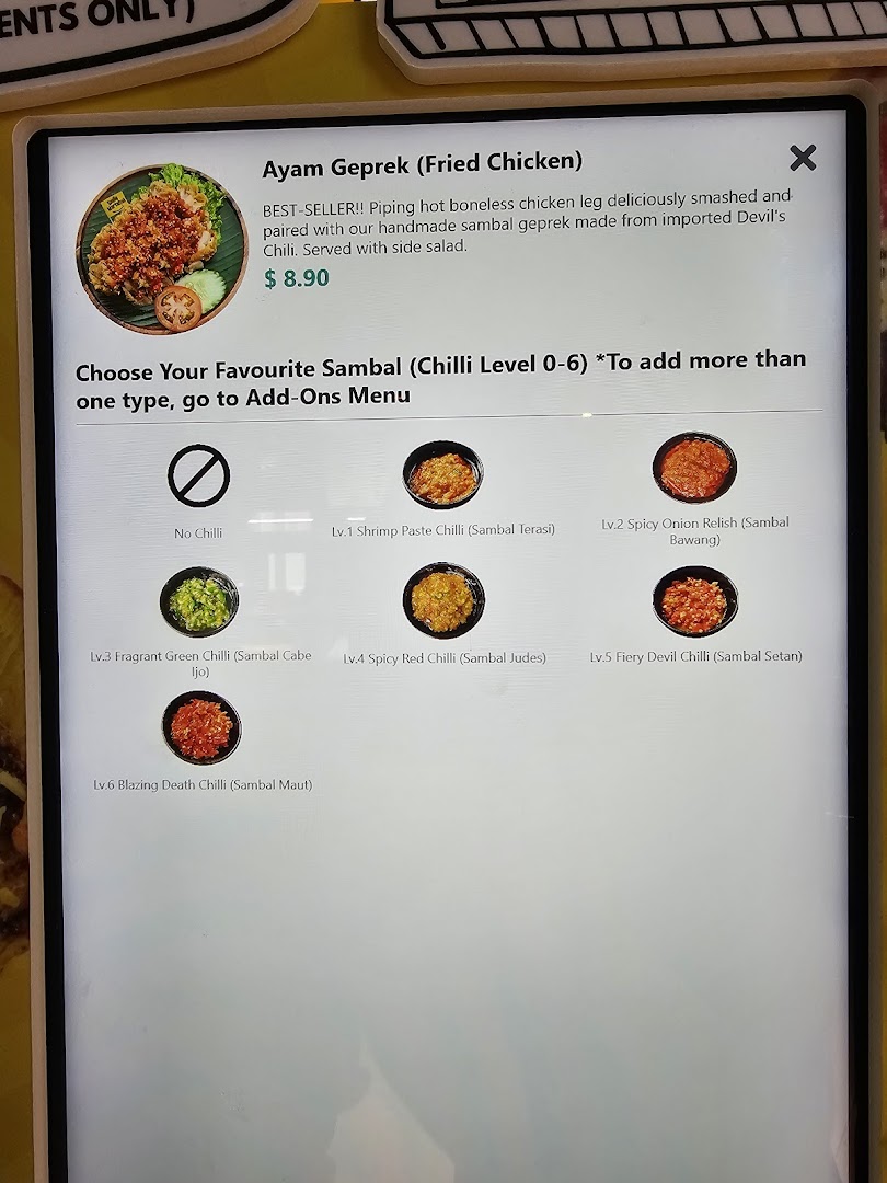 A digital menu board displaying Ayam Geprek with various customizable sambal chilli levels.