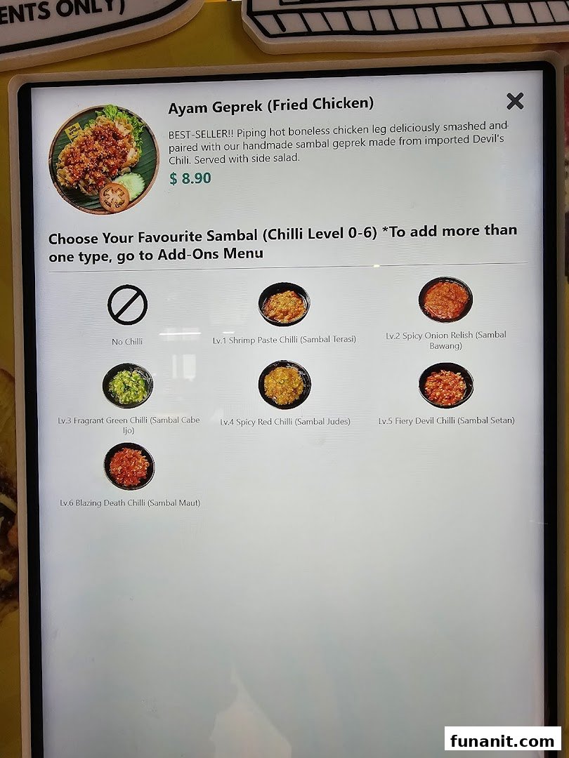 A digital menu board displaying Ayam Geprek with various customizable sambal chilli levels.