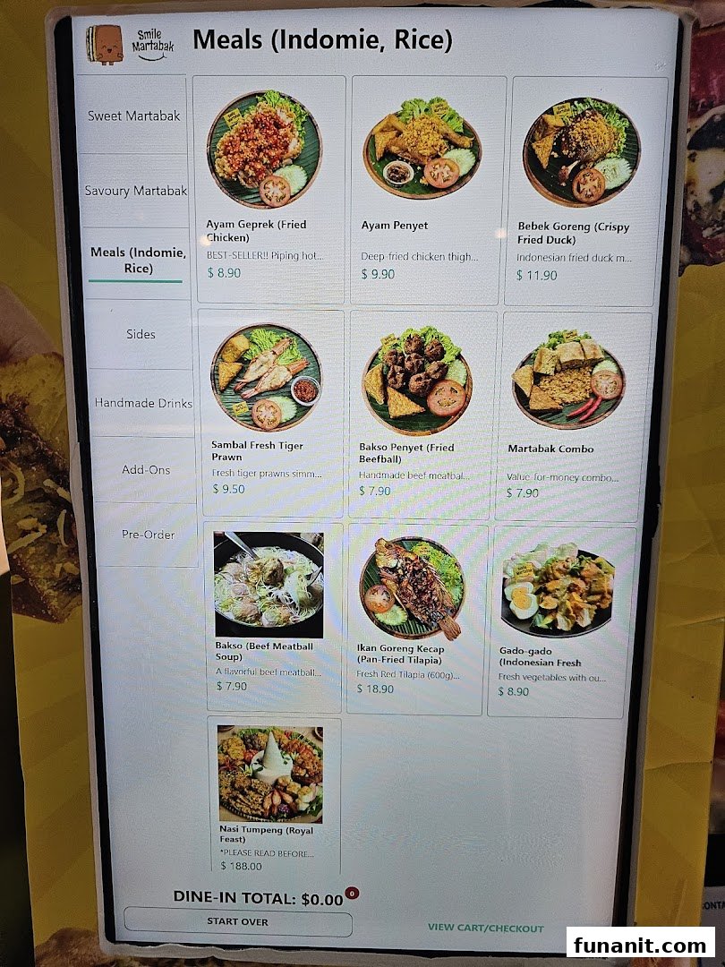 A digital menu display from Smile Martabak, showcasing a variety of Indonesian meals.