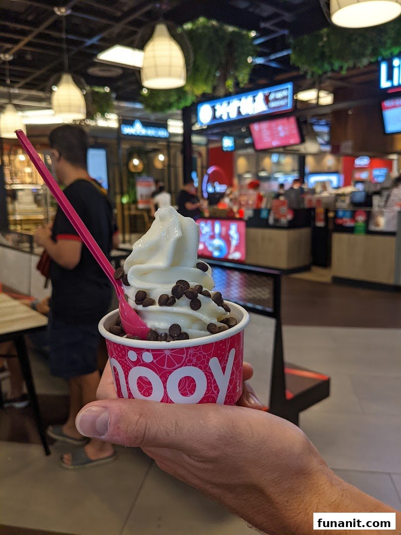 A hand holds a cup of smöoy frozen yogurt topped with chocolate chips and a pink spoon.