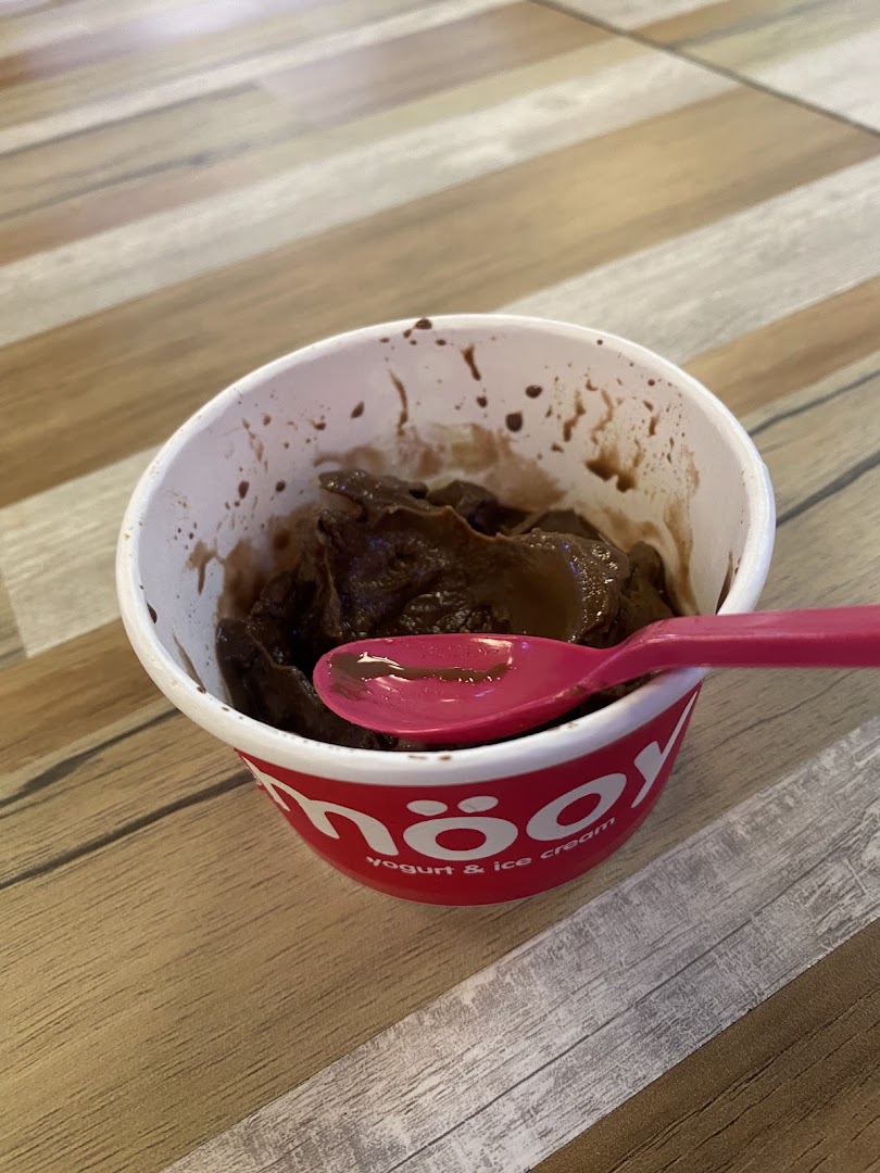 A cup of rich chocolate frozen yogurt or ice cream with a pink spoon from smöoy.