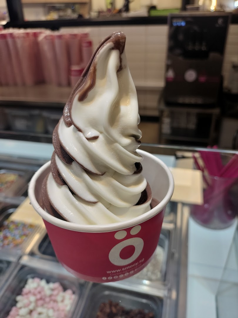 A delicious swirl of chocolate and vanilla frozen yogurt in a smöoy branded cup.