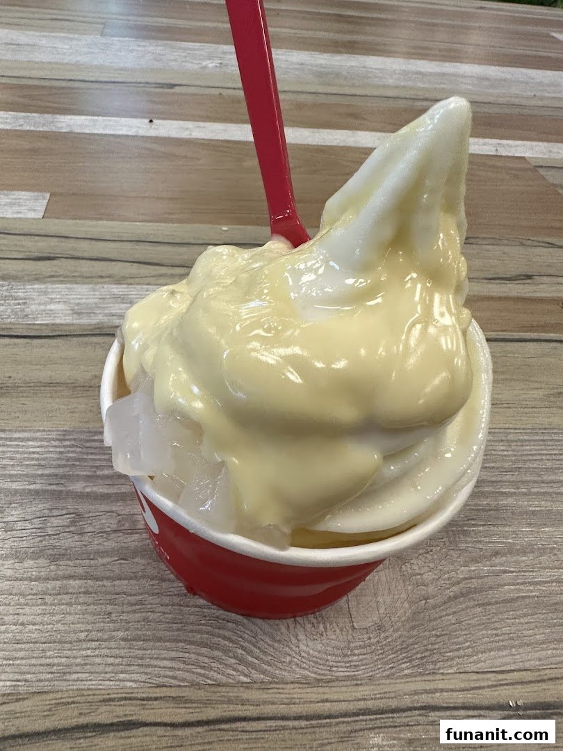 A close-up of a smöoy frozen yogurt cup with creamy topping and fruit jelly, served with a red spoon.