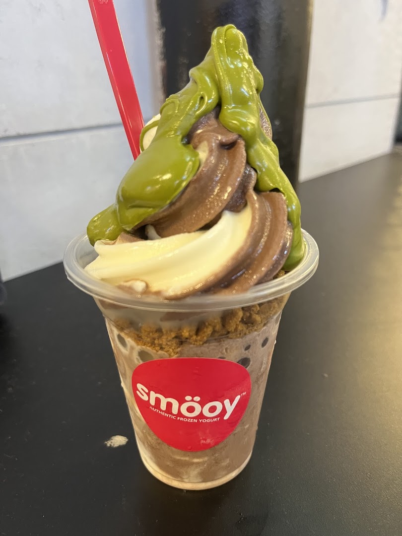 A close-up of a smöoy frozen yogurt cup with chocolate, vanilla, and green toppings.