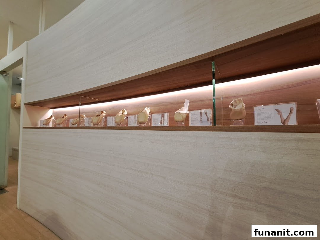 An illuminated display shelf showcasing various ballet pointe shoes and related information.