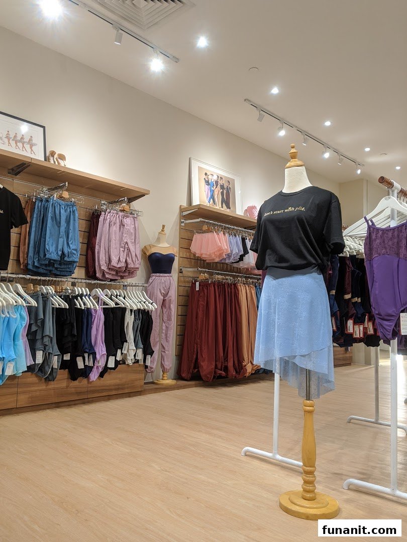 Interior view of Sonata Flagship Store showcasing dancewear, activewear, and accessories on mannequins and racks.