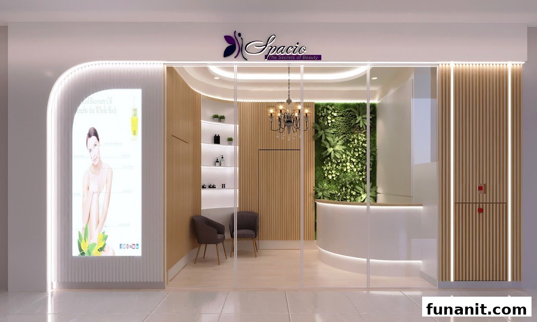 The image displays the modern and inviting shop front of Spacio, a beauty and wellness establishment.
