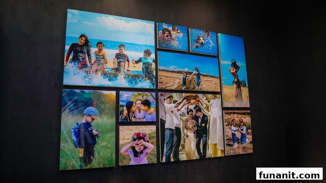 A wall display showcasing various printed photos of people, events, and landscapes.