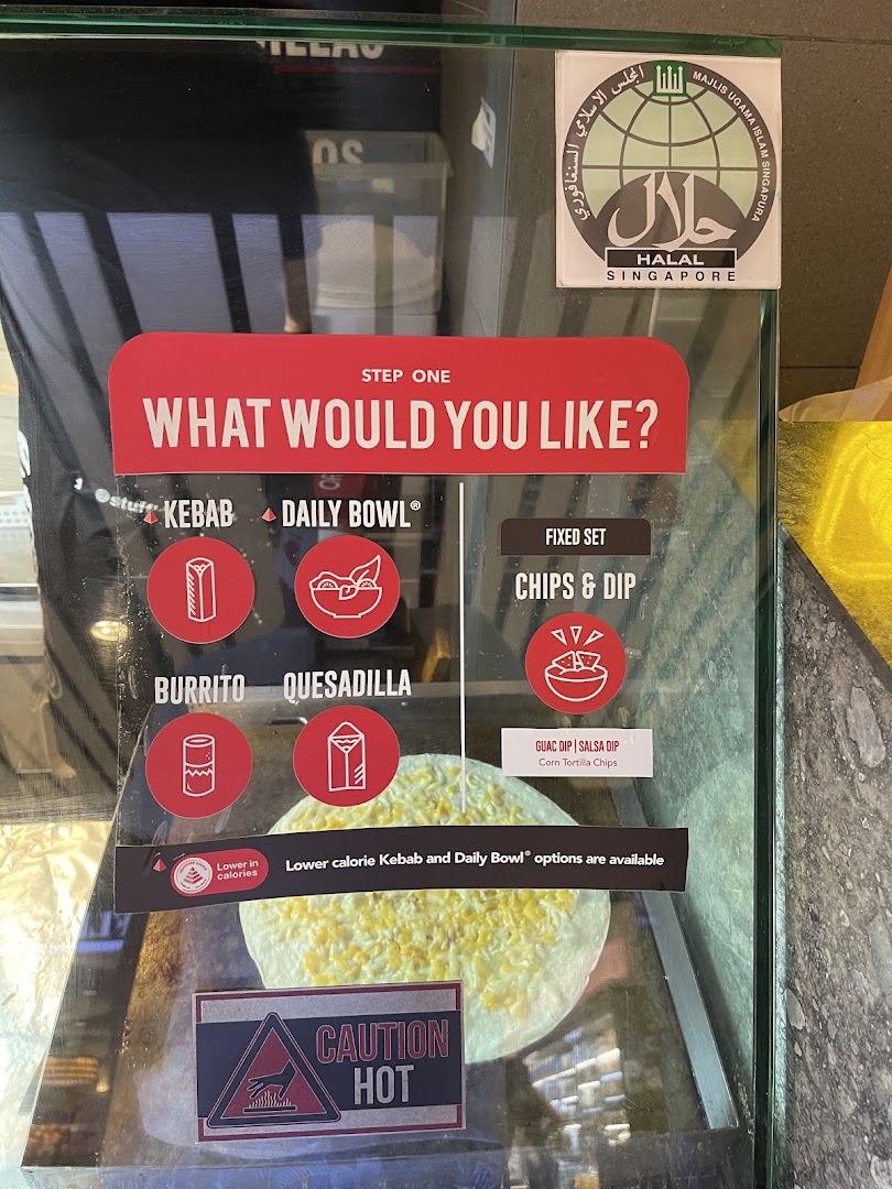 A Stuffd display board showing customizable meal options like kebabs, daily bowls, burritos, and quesadillas.