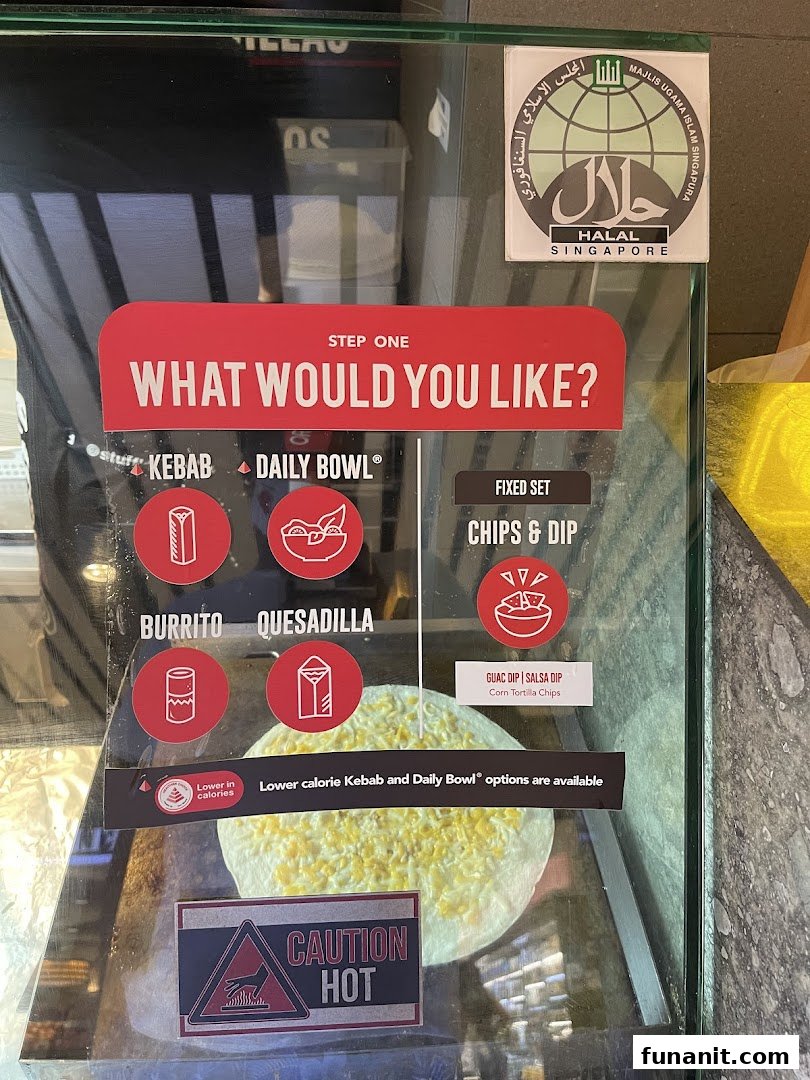 A Stuffd display board showing customizable meal options like kebabs, daily bowls, burritos, and quesadillas.
