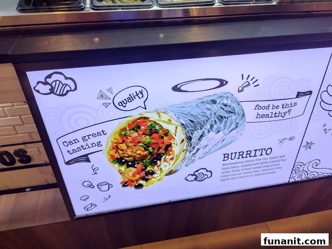 A bright display board featuring a large, appetizing burrito with descriptive text and playful graphics.
