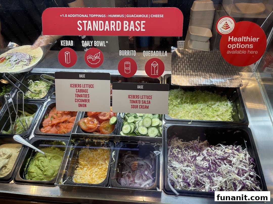 A vibrant food counter showcasing fresh ingredients and customizable meal options like kebabs, bowls, burritos, and quesadillas.