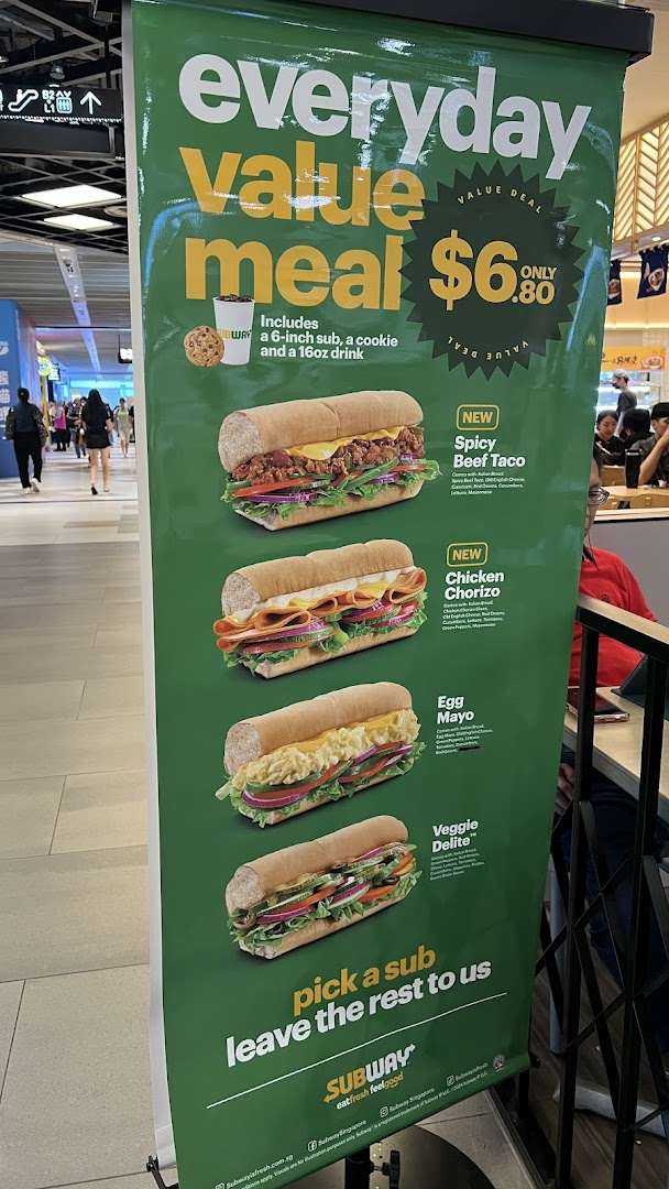 A Subway banner advertising an everyday value meal with various sub options and their ingredients.