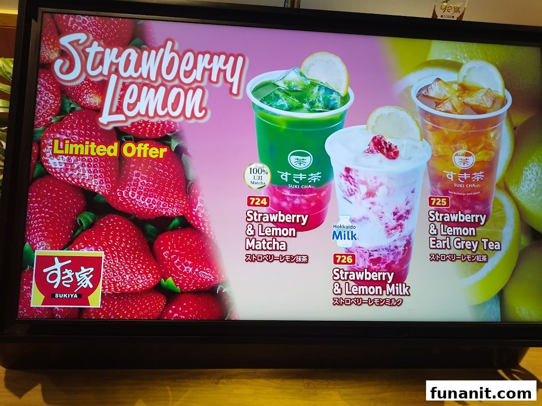 A digital display showcasing Sukiya's limited-offer Strawberry Lemon beverages.