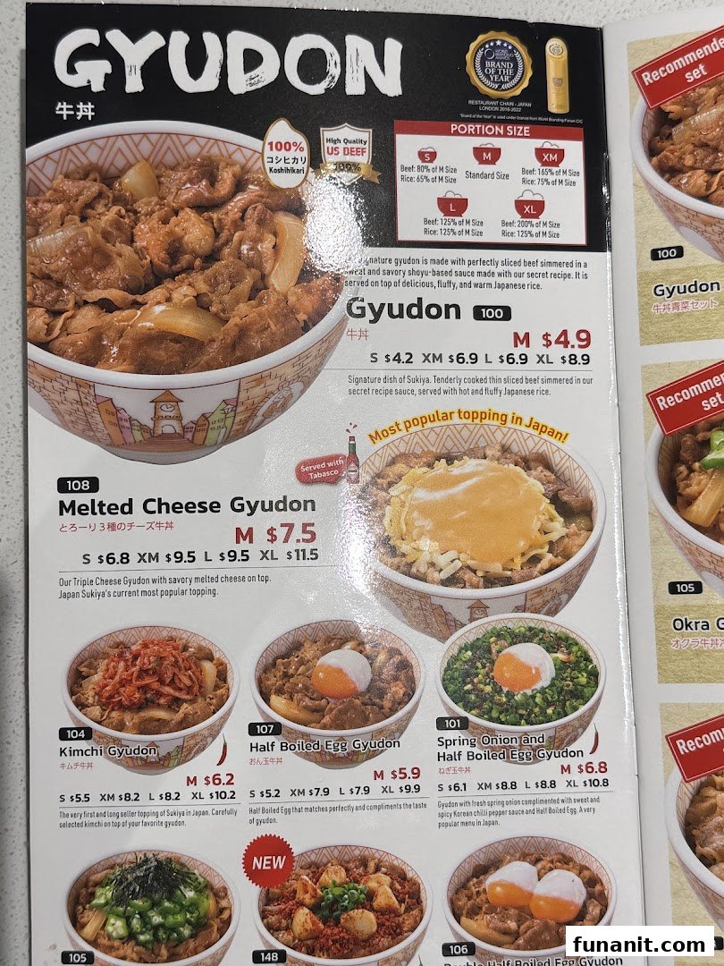 A detailed menu page showcasing various Gyudon dishes with prices and descriptions.