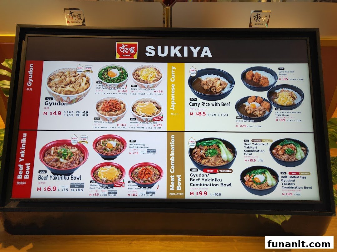 A brightly lit menu board displaying various Japanese dishes from Sukiya.