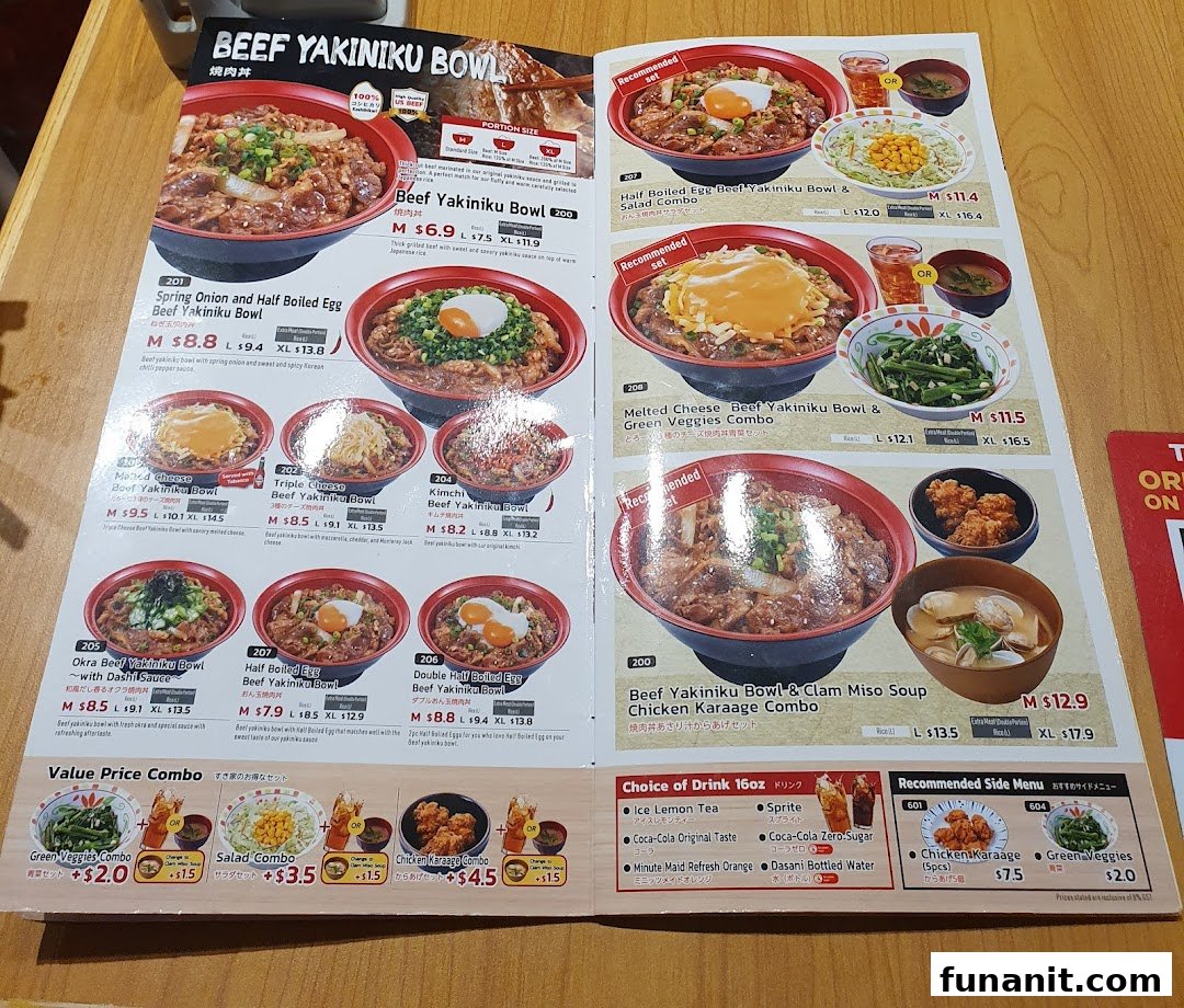 A detailed menu showcasing various beef yakiniku bowls, combos, and side dishes.