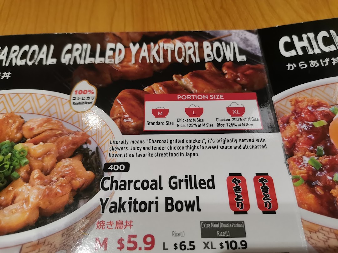 A menu page displaying the Charcoal Grilled Yakitori Bowl with pricing and portion sizes.