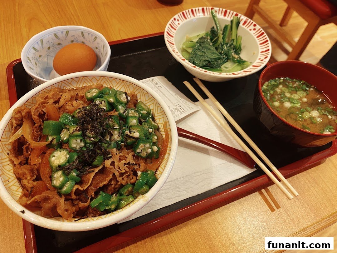 A delicious Sukiya Gyudon meal set with beef bowl, side dishes, and miso soup.