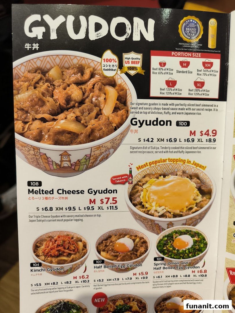 A detailed menu page showcasing various Gyudon dishes and their prices at Sukiya.
