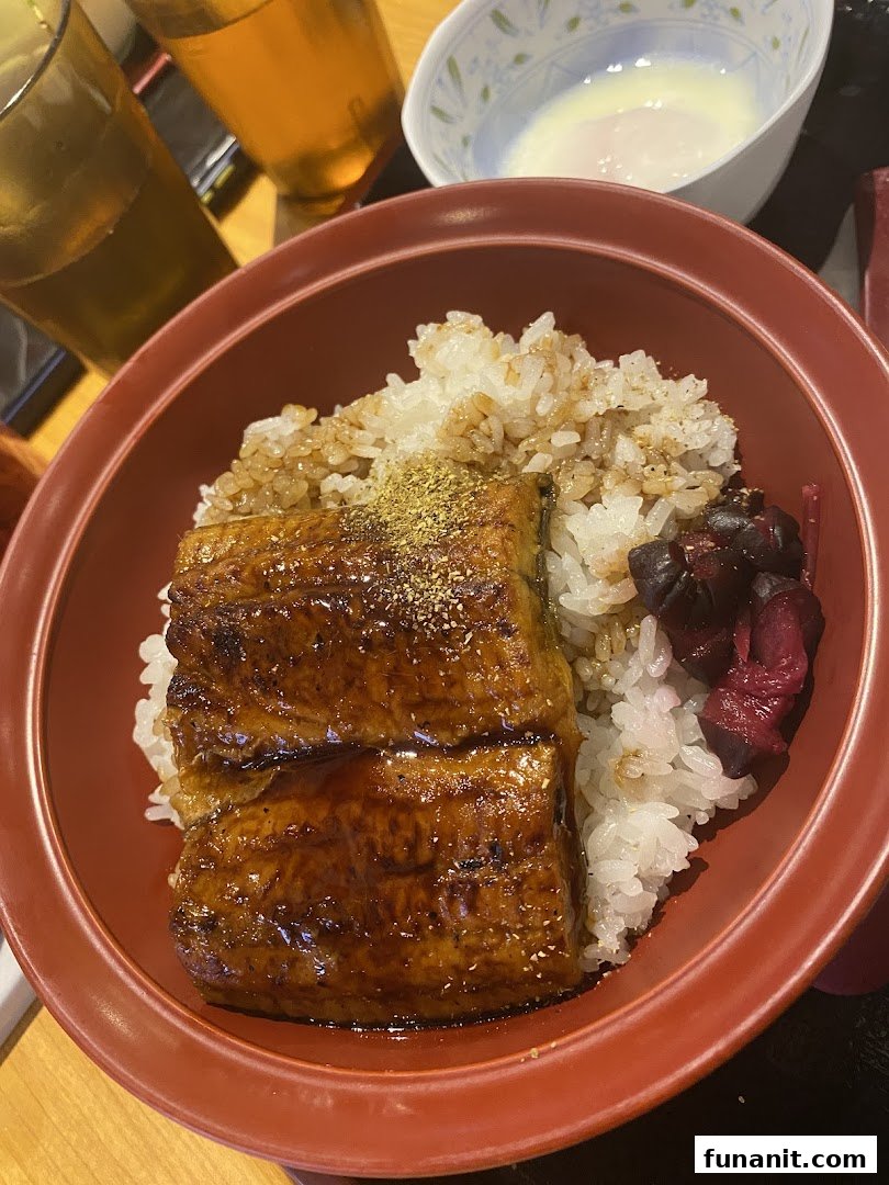 A close-up of a delicious unagi donburi with grilled eel, rice, and pickled vegetables.