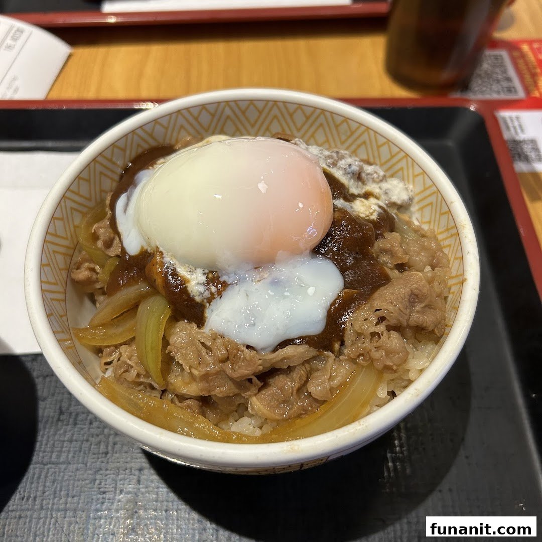 A close-up of a Sukiya Gyudon bowl with beef, onions, curry, and a soft-boiled egg.