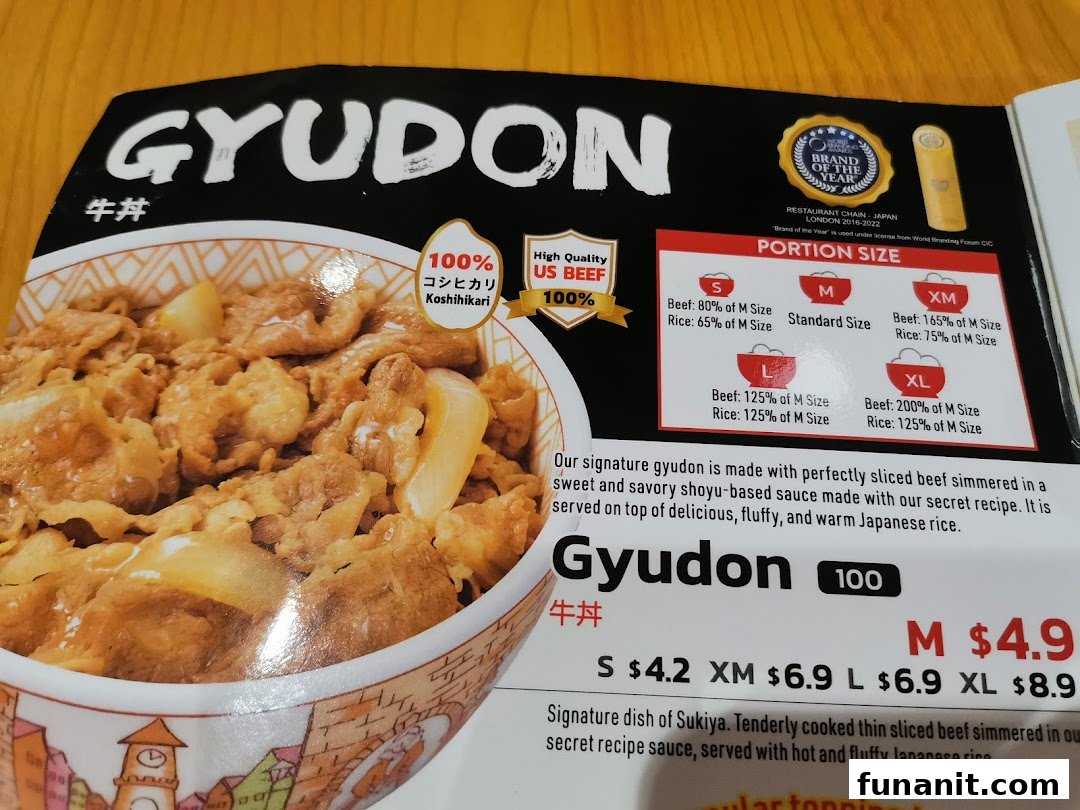 A Sukiya menu page showcasing their signature Gyudon with various portion sizes and prices.