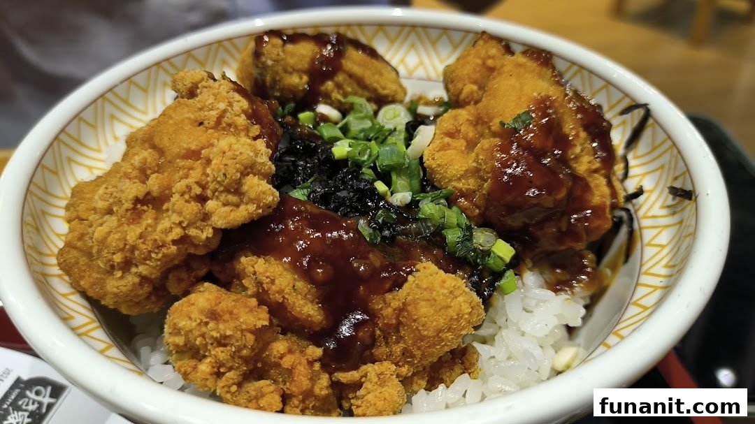 A close-up of a bowl of crispy fried chicken (karaage) with sauce, rice, and green onions.