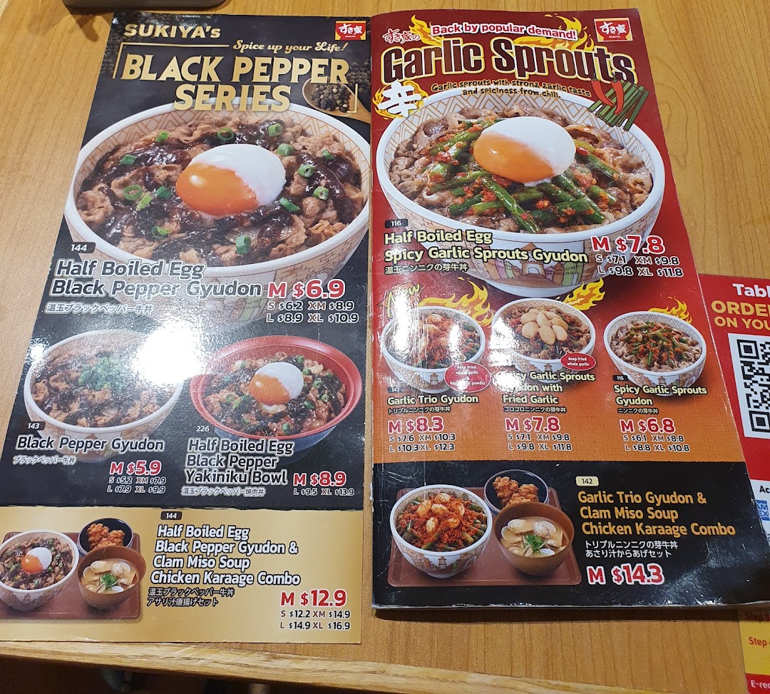 A menu displaying Sukiya's Black Pepper and Garlic Sprouts series with various gyudon and combo meals.