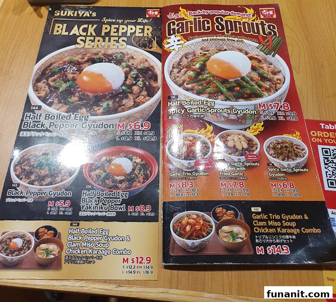 A menu displaying Sukiya's Black Pepper and Garlic Sprouts series with various gyudon and combo meals.