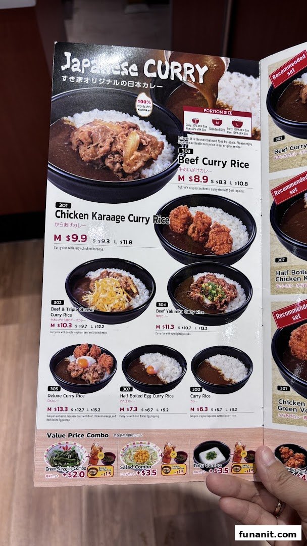 A detailed menu page from Sukiya featuring various Japanese curry dishes and combo options.