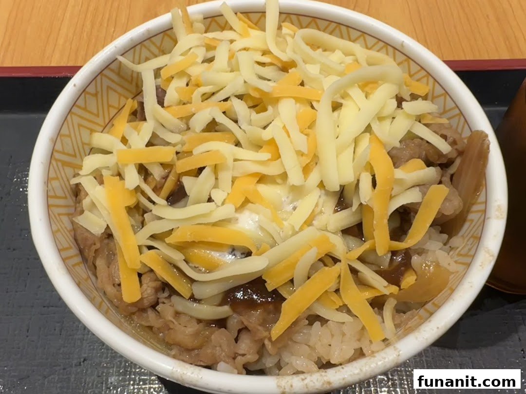 A close-up of a delicious Sukiya Gyudon bowl topped with shredded cheese.