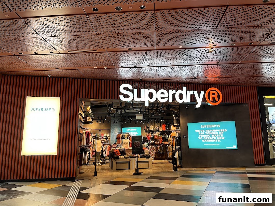 The Superdry store entrance showcasing its modern design and sustainable fashion initiatives.