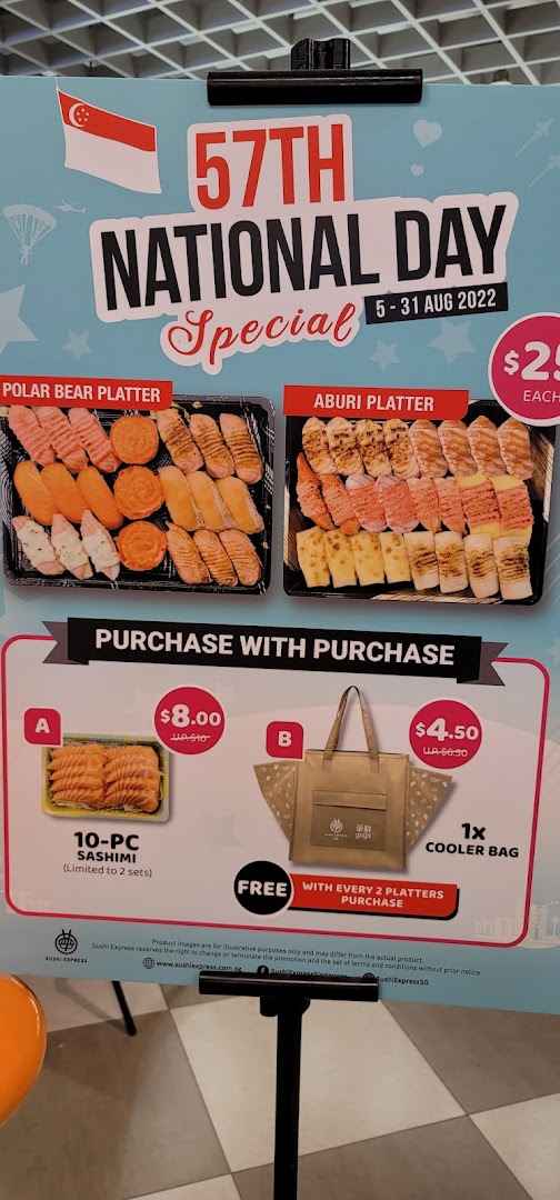 A promotional poster for Sushi Express's 57th National Day Special featuring sushi platters and purchase-with-purchase offers.