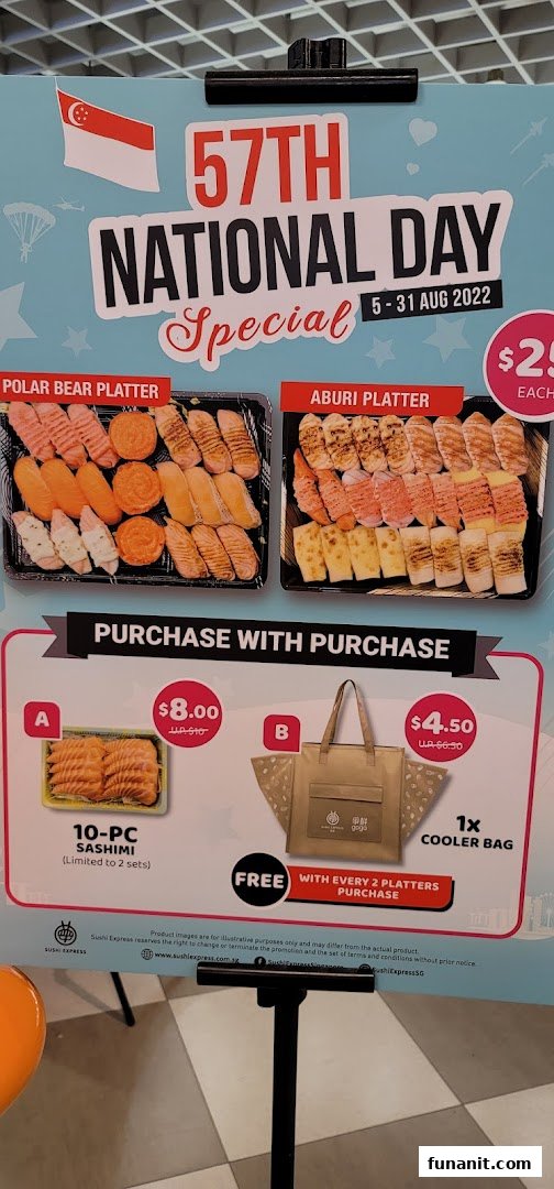 A promotional poster for Sushi Express's 57th National Day Special featuring sushi platters and purchase-with-purchase offers.