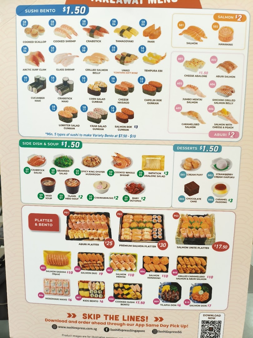 A comprehensive menu displaying various sushi, bento, side dishes, desserts, and platters with prices.