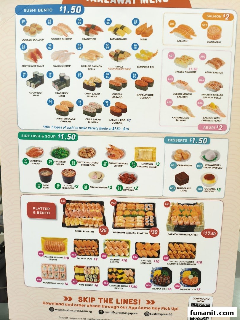 A comprehensive menu displaying various sushi, bento, side dishes, desserts, and platters with prices.