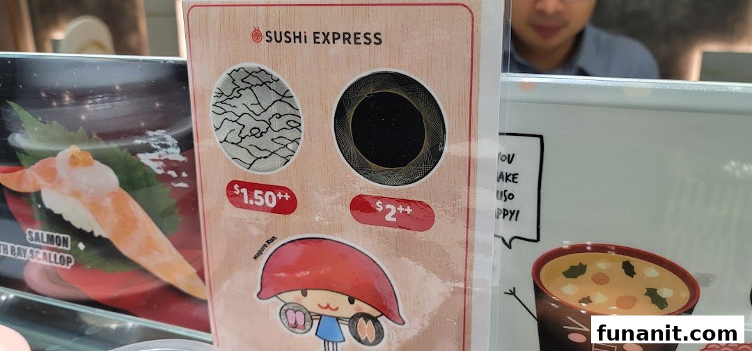 A display board showing sushi prices and a featured salmon sushi item at Sushi Express.