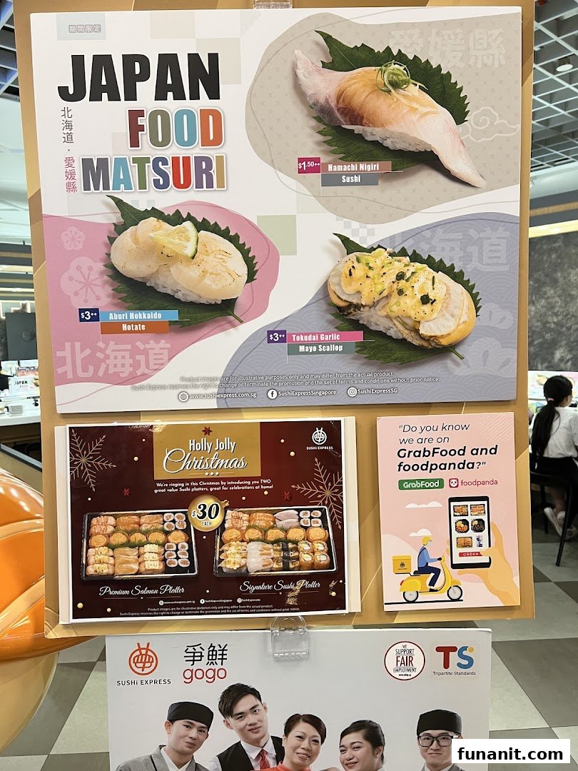 Promotional posters showcasing sushi items, special platters, and delivery options at Sushi Express.