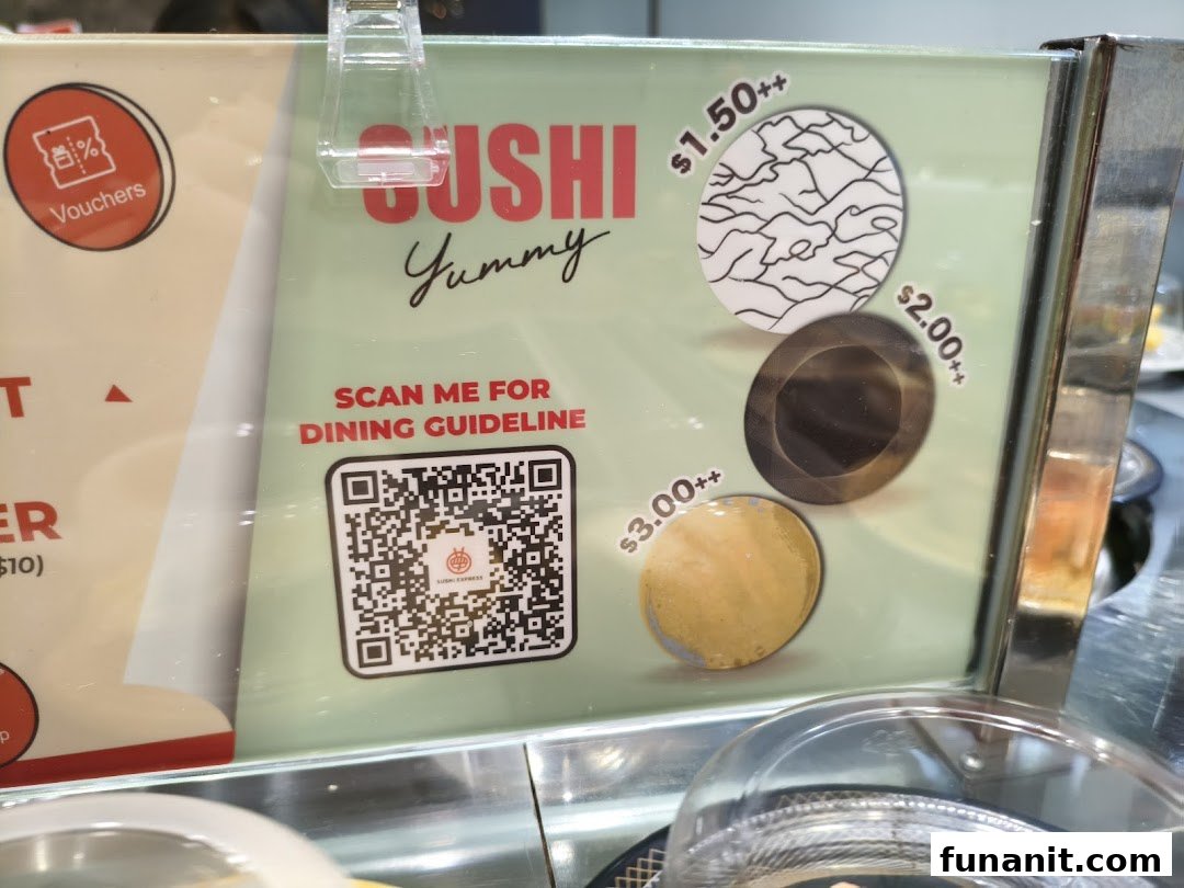 A Sushi Express sign displaying tiered sushi plate prices and a QR code for dining guidelines.
