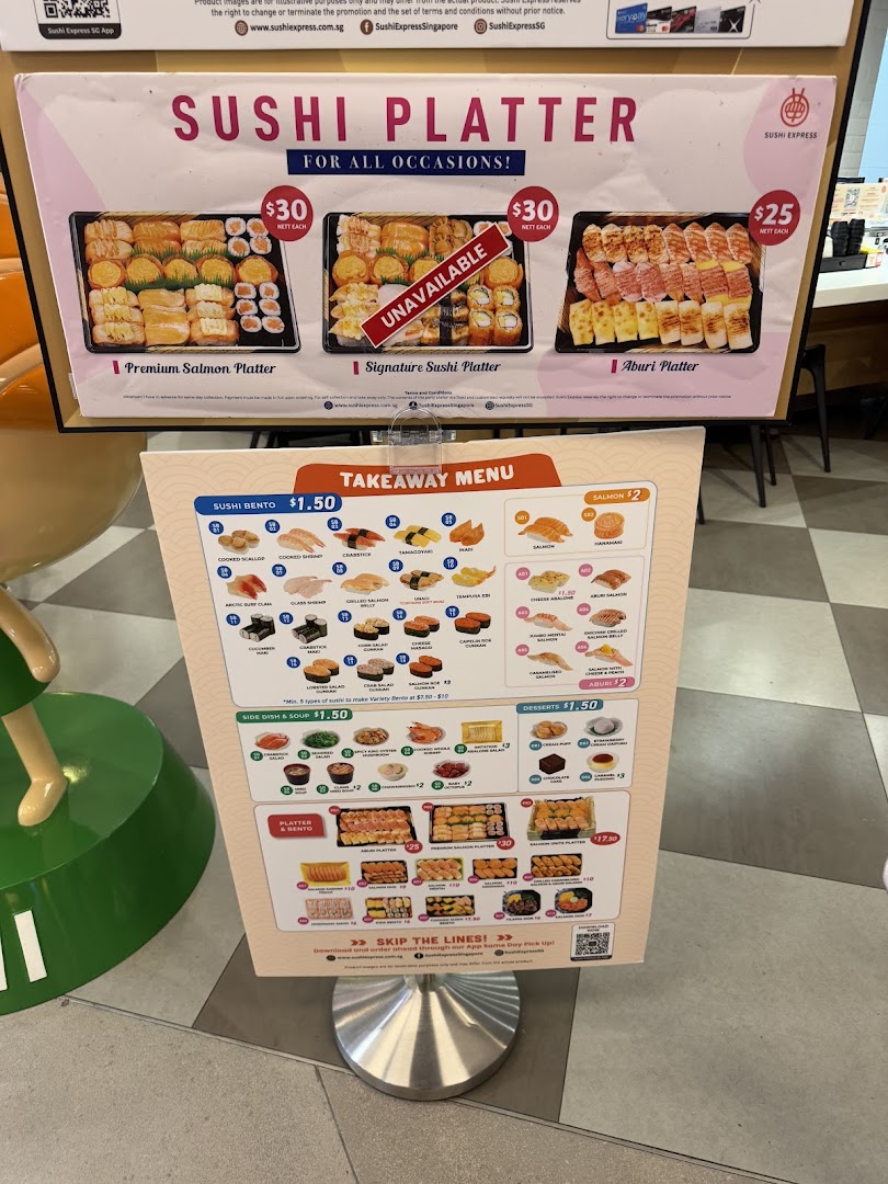 A display stand showcasing Sushi Express's sushi platters and comprehensive takeaway menu.